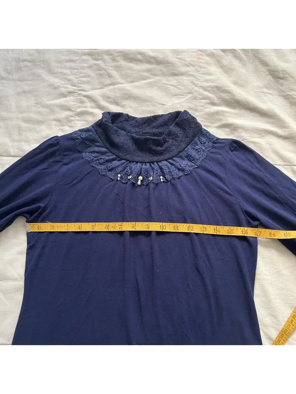 Axes Femme Navy Turtleneck Lace Pearl Ruffle Long Sleeve Top Medium Japan